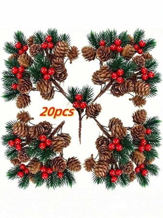 10/20/5PCS Red Berry Stem Pine Tree Branches,Artificial Pine Cone & Berry Swags,Mini Artificial Pinecone Picking Flowers DIY Wreath,Plastic Christmas Tree Branches For Crafts, Fireplace, Bar, Party, Holiday Decorations Wedding Party Supplies Kitchen Restaurant Table Centerpieces, Valentine Day, Gift Home Decor Christmas Decorations Room Decor