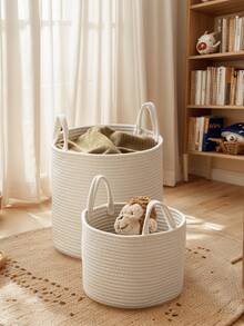 1个白色可折叠编织洗衣篮带手柄，圆形多功能大容量收纳篮，黄色和白色三种尺寸可选，适用于衣服、毛毯、玩具、节日收纳、家居装饰，适用于洗衣房、浴室、卧室、客厅、家居、收纳 - 白色 - 查看 14