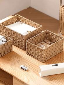 Madebyblanc 1/3pcs Hand-Woven Storage Basket Bathroom Toiletries Storage Container Kitchen Snack Candy Rack Office Study Bookshelf Stationery Medicine Box Toy Storage Basket Dressing Table Skin Care Cosmetics Storage Home Decoration Basket Gift Basket Gift Basket Cosmetic Basket Living Room Storage Basket - Camel - View 4