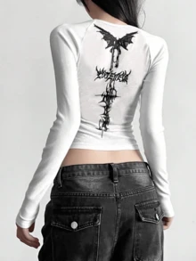 Mujer crop top estilo urbano  estampado mariposa gráfico moda tejido elástico ajustado cuello redondo manga larga primavera verano uso diario - Blanco - Ver 1