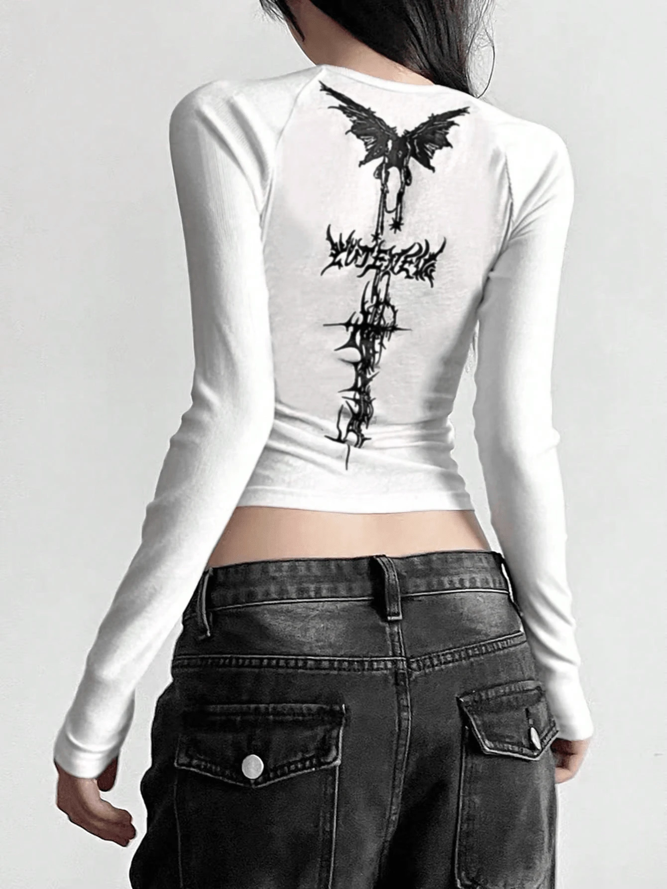 Mujer crop top estilo urbano estampado mariposa gráfico moda tejido elástico ajustado cuello redondo manga larga primavera verano uso diario - Blanco - Ver 1