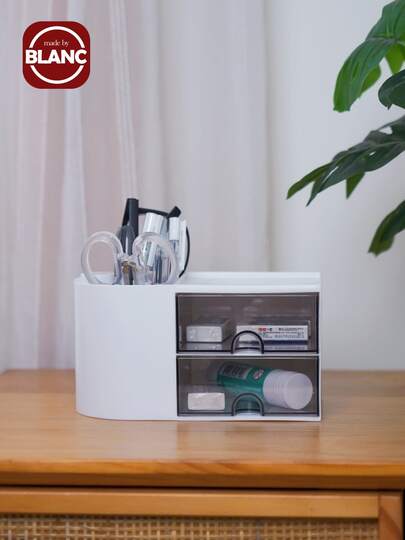 Madebyblanc 1pc Mini Desktop Organizer With 2 Drawer, Multi-Functional Pencil Pen Holder For Desk, Simple And Creative Stationery & Office Supplies Storage Box For School, Office, Dorm, Multi-Compartment Organizer, Makeup Organiser, Back To School Supplies, Holiday Gift, Christmas Present