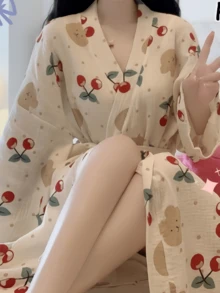 1 Áo choàng nữ - Đồ ngủ dài tay phong cách Châu Âu tối giản, chất liệu mỏng nhẹ, màu trơn, áo choàng tắm mặc nhà mùa xuân thu hè, cỡ nhỏ đến cỡ lớn, tiệc cưới, trang trí phòng tắm spa - Quả cherry - Xem 8