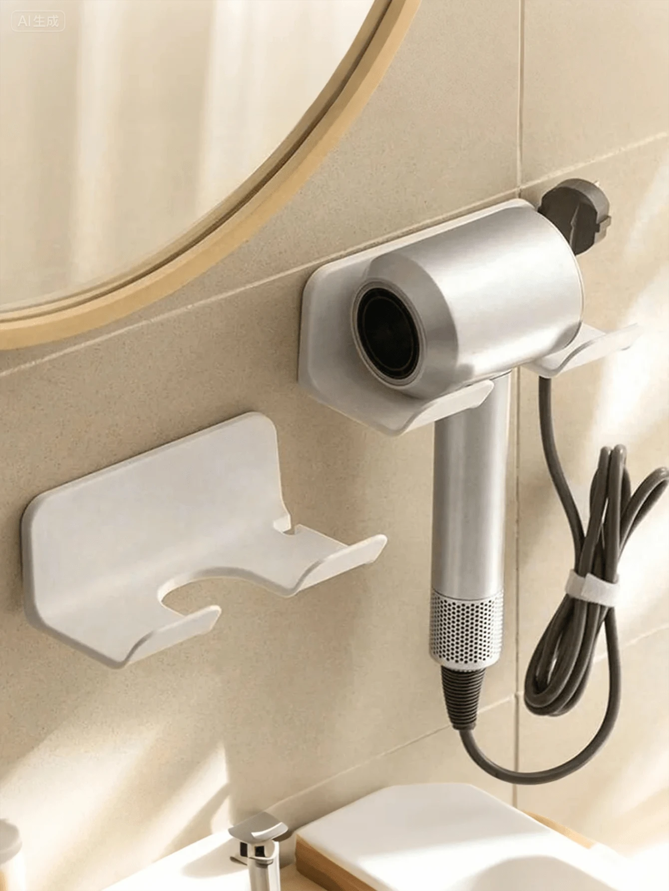 1/2个通用吹风机支架，吹风机挂架，壁挂式，带插头和电线整理器，自粘式，适用于橱柜和浴室 - 彩色 - 查看 1