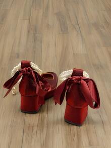 Zapatos de Tacón Grueso con Lazo de Perlas para Mujer, Tacones Elegantes de Punta Cuadrada, Cómodos y Versátiles, Ideales para Boda, Vestido de Noche o Fiesta    Women's chunky heel pumps with pearl bow, elegant square-toe high heels, comfortable and versatile shoes for wedding, evening dress or party) - Rojo - Ver 7