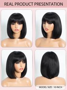 短款波波头假发，带刘海，黑色直发，日常佩戴，女士真人发，耐热假发，精灵短波波头假发 - S1B - 查看 9