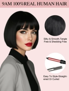 短款波波头假发，带刘海，黑色直发，日常佩戴，女士真人发，耐热假发，精灵短波波头假发 - S1B - 查看 2