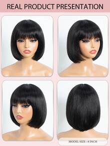 短款波波头假发，带刘海，黑色直发，日常佩戴，女士真人发，耐热假发，精灵短波波头假发 - S1B - 查看 8