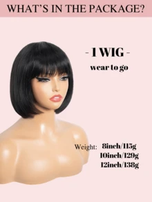 短款波波头假发，带刘海，黑色直发，日常佩戴，女士真人发，耐热假发，精灵短波波头假发 - S1B - 查看 5