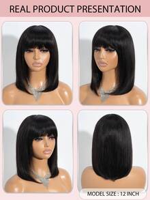 短款波波头假发，带刘海，黑色直发，日常佩戴，女士真人发，耐热假发，精灵短波波头假发 - S1B - 查看 10
