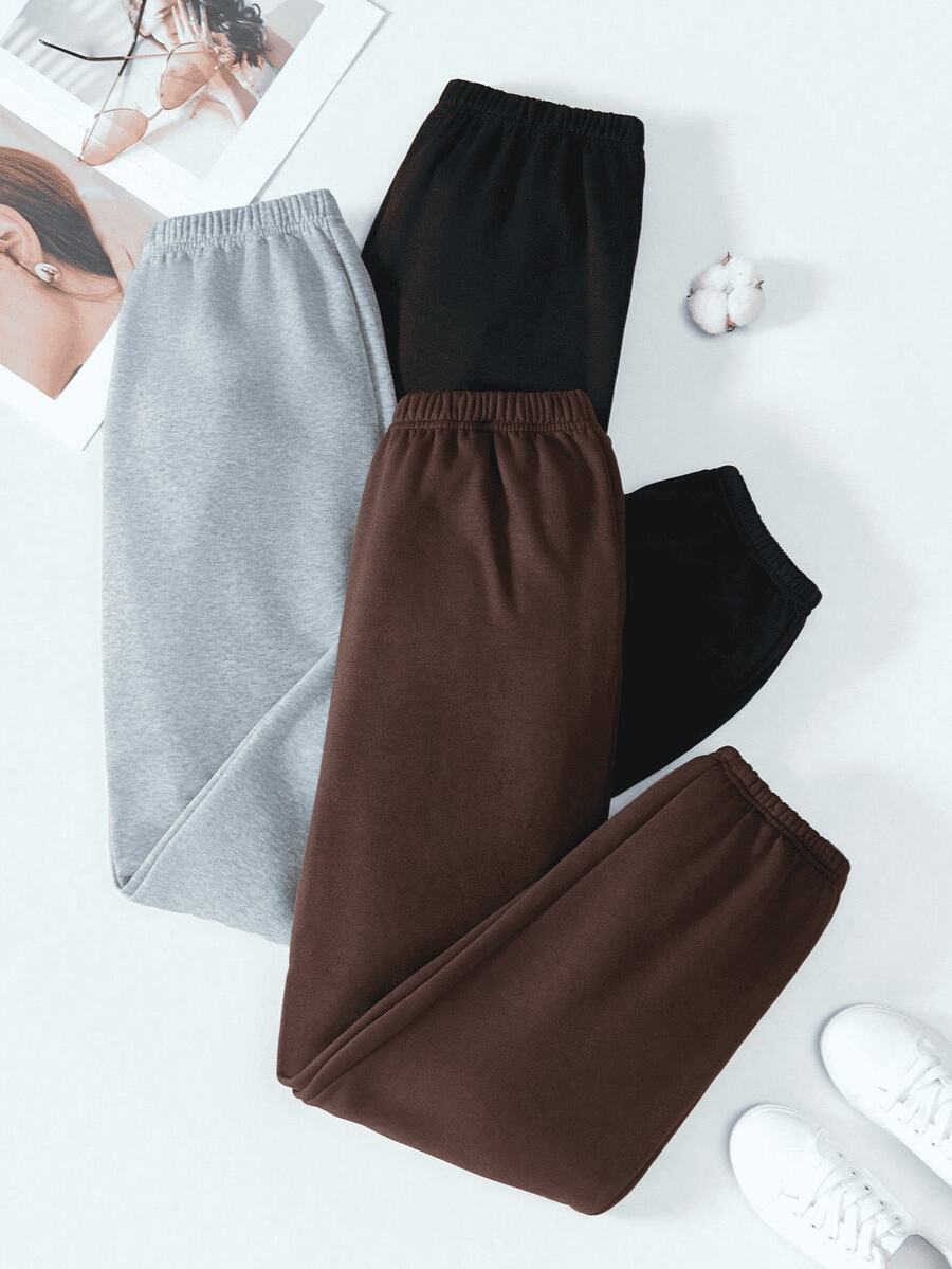 Dama pantalones casuales estilo deportivo tela cómoda cintura elástica ajuste holgado tiro alto largo primavera otoño uso diario pantalones - Chocolate Negro Gris - Ver 1