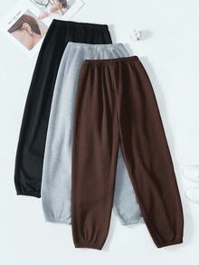 Dama pantalones casuales estilo deportivo tela cómoda cintura elástica ajuste holgado tiro alto largo primavera otoño uso diario pantalones - Chocolate Negro Gris - Ver 2