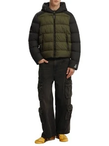 Men's Sport Puffer Hooded Jacket Black Green - 黑色色塊 - 查看 3