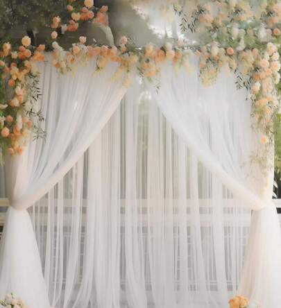 2개 화이트 얇은 명주 그물 배경 오간자 커튼, 2025년 새해 장식 배너 오간자, 결혼식 파티 배경 패브릭, 브라이덜 샤워 생일 파티 배경 장식 용품, 결혼 용품, 결혼식 장식 오간자, 결혼식 답례품, 발렌타인 데이 장식, 무대 장식 네팅 (클립 포함)