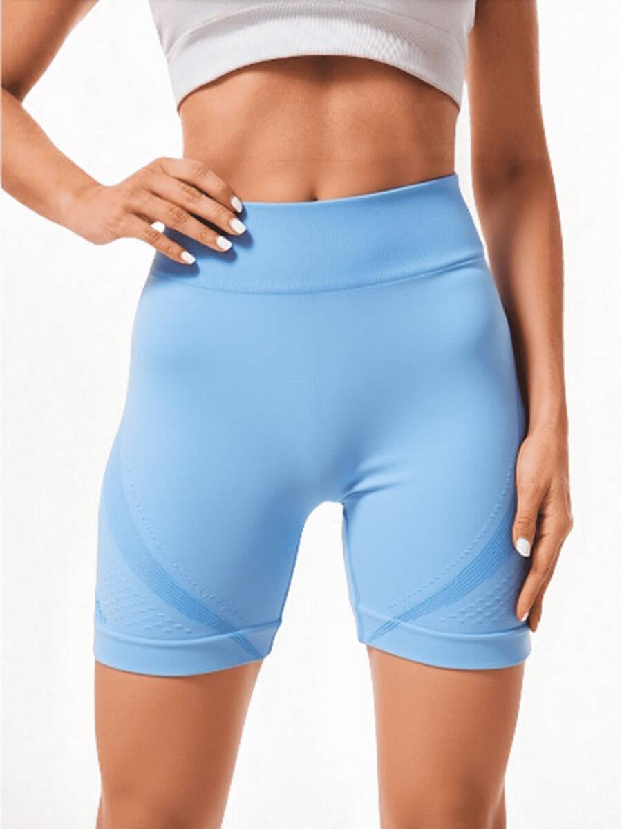 Short deportivo para mujer estilo fitness seamless tela de punto elástica color sólido ajuste ceñido cintura alta corto verano entrenamiento yoga running uso casual - Azul - Ver 1