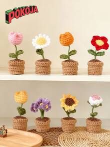 手工编织郁金香盆栽、钩针向日葵盆栽、心形花桌面摆件、编织玫瑰花成品、勿忘我盆栽、仿真花桌面摆件、派对小礼物 - 彩色 - 查看 2