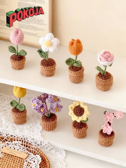 Tulipa em vaso feita à mão, Girassol em vaso de crochê, Decoração de mesa com flores em formato de coração, Produto finalizado com rosas em tricô, Planta em vaso Miosótis, Decoração de mesa com flores artificiais, Pequeno presente para festa