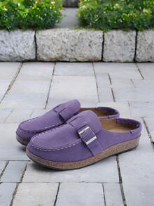 Mules Planos de Mujer con Adorno de Hebilla, Sandalias Casuales de Punta Redonda, Zapatos Cómodos Tipo Slip-on, Ideales para Actividades al Aire Libre o vacaciones  (Women's Buckle Decor Slide Sandals, Round-Toe Flat Flip-Flops, Casual Comfortable Women's Slides, Suitable for Outdoor Activities or Vacations) - Morado - Ver 5