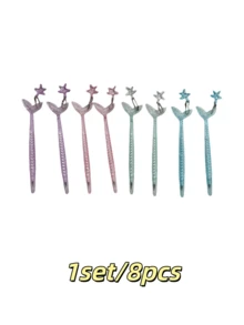 8PCS Cute Mermaid Shape Rollerball Pen Fish Pens Creative Crystal Flash Powder Starfish Pendant Signature Pen Black Gel Ink Design For Girls Women Student Christmas Gift