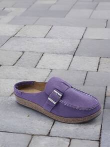 Mules Planos de Mujer con Adorno de Hebilla, Sandalias Casuales de Punta Redonda, Zapatos Cómodos Tipo Slip-on, Ideales para Actividades al Aire Libre o vacaciones  (Women's Buckle Decor Slide Sandals, Round-Toe Flat Flip-Flops, Casual Comfortable Women's Slides, Suitable for Outdoor Activities or Vacations) - Morado - Ver 6