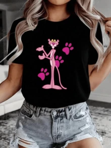 Playera para mujer estilo urbano creativo estampado Pantera Rosa huellas tela suave color sólido holgada cuello redondo manga corta primavera verano uso diario camiseta - Negro - Ver 1