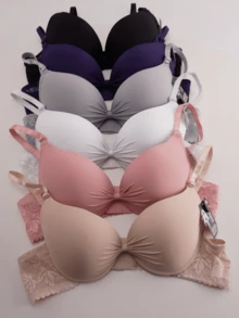 AMORARMA Sujetadores de mujer, copa B, paquete de 6, 6 colores, copas 3/4, tres broches metálicos, tirantes ajustables, confeccionados en satén brillante para un look sofisticado; ofrecen múltiples opciones de ajuste para adaptarse a diferentes necesidades de comodidad y sujeción. El sujetador presenta un diseño con lazo plisado, ribete de encaje, borde decorativo y relieve en forma de corazón, que proporciona forma y sujeción, convirtiéndolo en un sujetador sexy y cómodo con ribete de encaje. - Multicolor - Ver 1