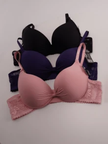 Sujetador de mujer, copa B, paquete de 6, 6 colores, copa 3/4 confort, diseño con tres hebillas metálicas, tirantes ajustables, diseño con lazo plisado, diseño con inserciones de encaje, decoración con ribete de concha, sujetador push-up de encaje sexy y cómodo. - Multicolor - Ver 2