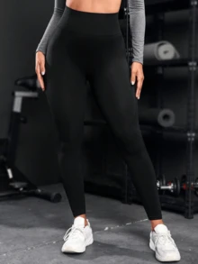 Leggings deportivos sin costuras para mujer, de ajuste ceñido, para ocio al aire libre, yoga, fitness y correr - Negro - Ver 3