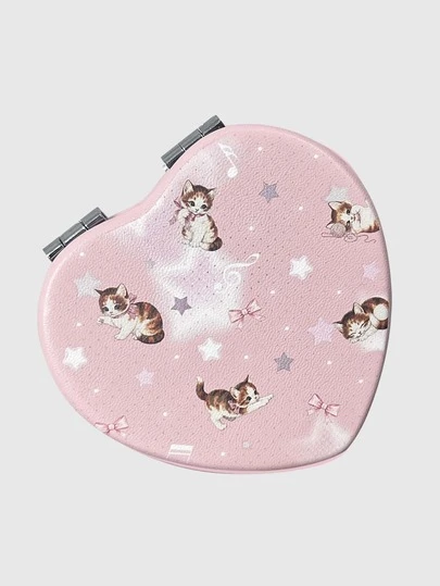 ROMWE Kawaii 1 Adet Pembe Fiyonklu PU Kalp Şeklinde Makyaj Kompakt Aynası, Rastgele Desen