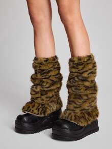 ROMWE Fairycore 1双可爱简约复古休闲高品质时尚米色毛绒波点小鹿印花动物图案保暖蕾丝腿套宽松腿套套装，适合女性/女孩日常穿着，节日礼物 - 綠色-2 - 查看 2