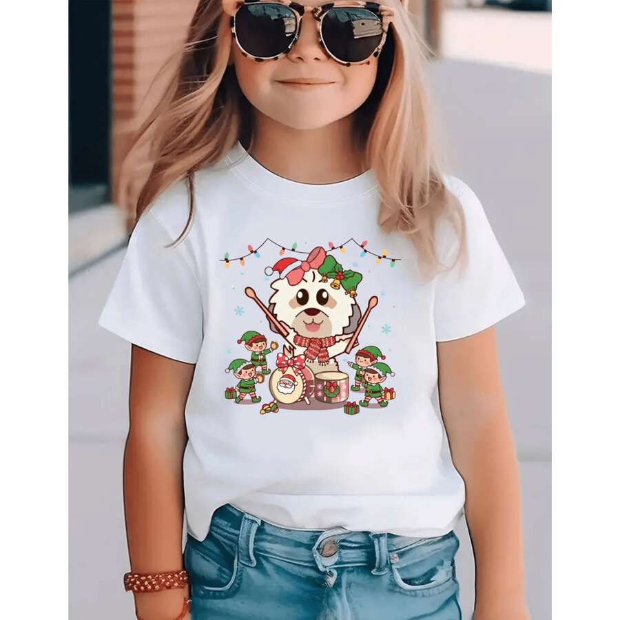 PLAYERA DE NIÑA CON DISEÑO GRAFICO DE CARICATURA COMODA, FRESCA PERRO NAVIDEÑO LARA - blanco - Ver 1