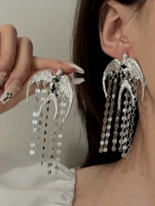 ROMWE 1 Đôi bông tai tua rua và chim phóng đại dành cho nữ - Bạc - Xem 4