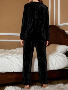 Conjunto set 2 piezas dama mujer pijama afelpada relieve geométrico cómodo calientito estilo casual cozy - Negro - Ver 2