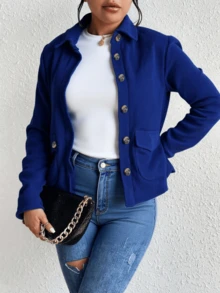 Chamarra chaqueta tipo camisera pana canalé forro interior borrega abotonada dama mujer bolsas tipo cartera calientito abrigador invierno moda elegante casual urbano versátil - Azul Marino - Ver 1