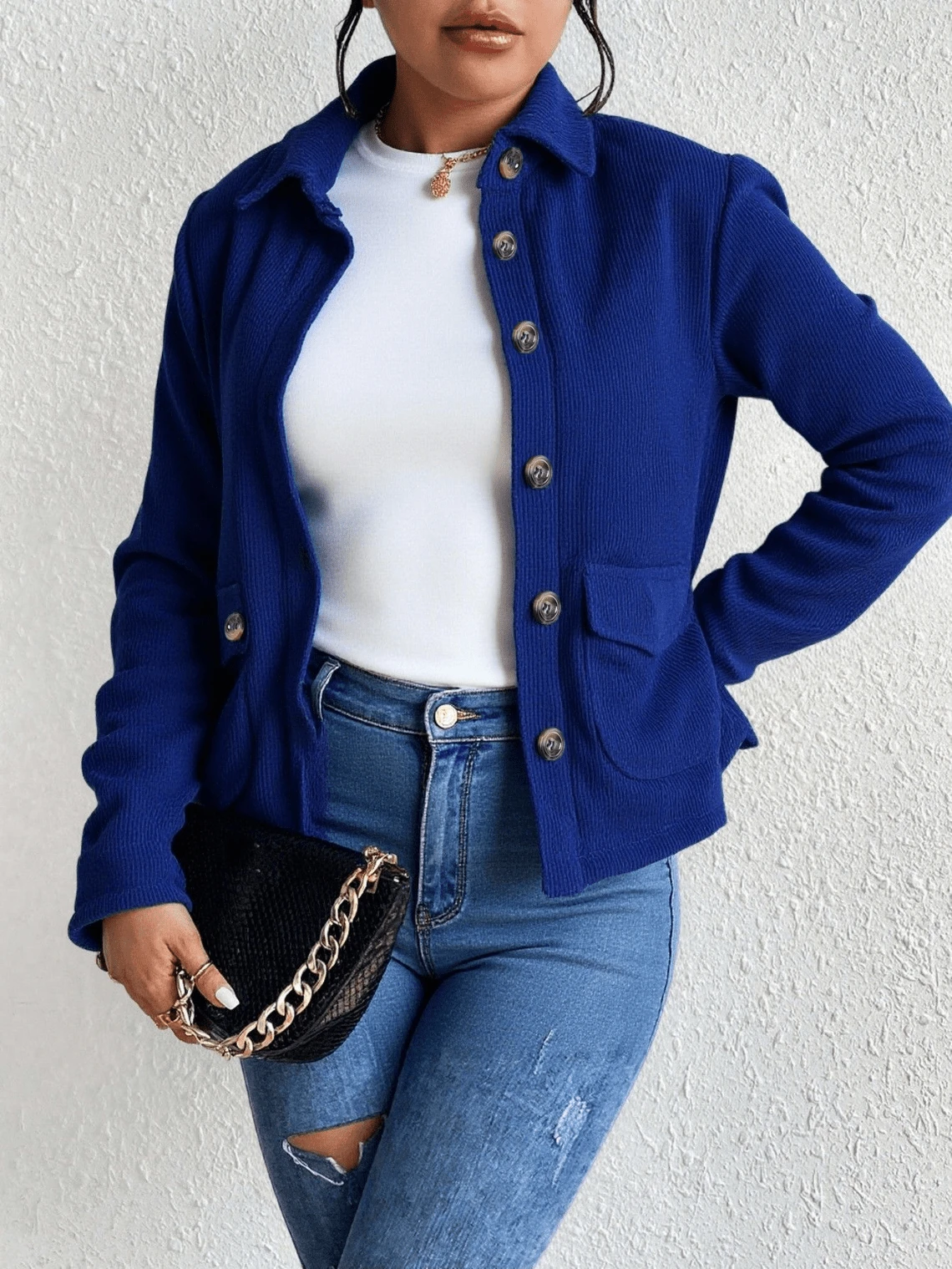Chamarra chaqueta tipo camisera pana canalé forro interior borrega abotonada dama mujer bolsas tipo cartera calientito abrigador invierno moda elegante casual urbano versátil - Azul Marino - Ver 1