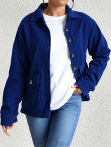 Chamarra chaqueta tipo camisera pana canalé forro interior borrega abotonada dama mujer bolsas tipo cartera calientito abrigador invierno moda elegante casual urbano versátil - Azul Marino - Ver 3