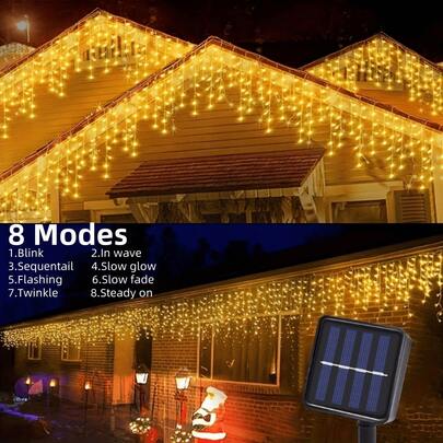 قطعتان/قطعة واحدة من أضواء ستائر النوافذ الثلجية بالطاقة الشمسية، أضواء سلسلة ثلجية بالطاقة الشمسية - بلاستيك معلق للزينة الخارجية لعيد الميلاد وسانتا، مناسبة للحديقة والفناء وعرض العطلات، رائعة لديكور سقف الخارج، حفلة الحديقة، وعيد الميلاد، مناسبة عيد الميلاد، موضوع الفضاء، ديكور عيد الميلاد