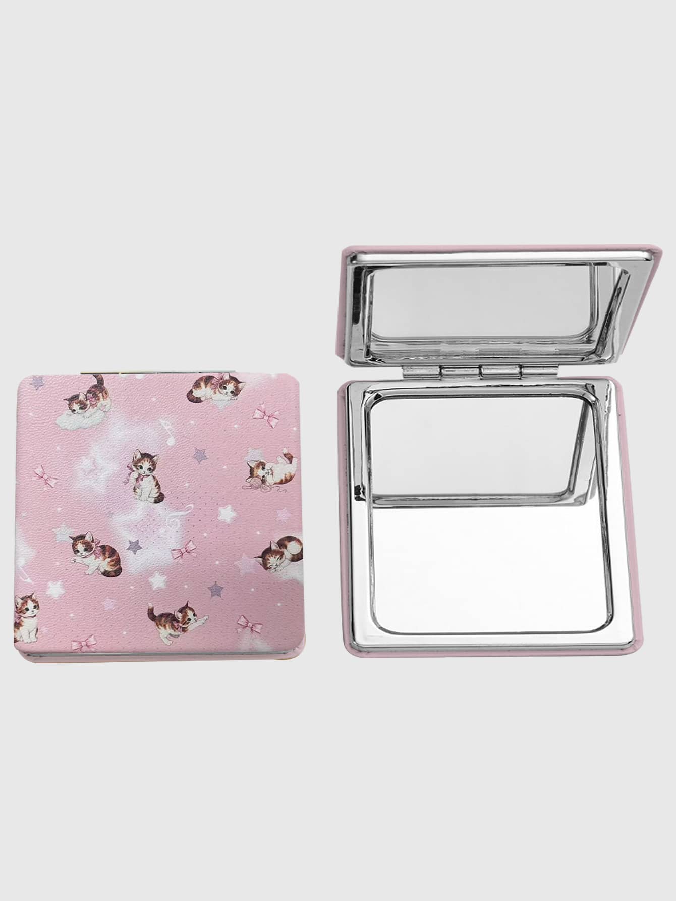 Kawaii 1 pezzo Specchio quadrato per trucco con fiocco rosa e motivo a cuore, specchio portatile da tenere in mano per ragazze (posizionamento del motivo casuale)