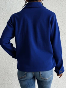 Chamarra chaqueta tipo camisera pana canalé forro interior borrega abotonada dama mujer bolsas tipo cartera calientito abrigador invierno moda elegante casual urbano versátil - Azul Marino - Ver 2