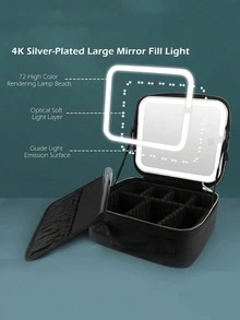 X Milania 1PC-Travel Makeup Bag With Mirror Large Capacity Cosmetic Storage Box Travel Portable Makeup Bag Case With LED Light Mirror Makeup Accessories For Travel Storage Bag,Makeup Bag,Cosmetic Bag,Vacation Organizer,Large Capacity Makeup Organizer Makeup Case, For Lipstick - Black - View 7