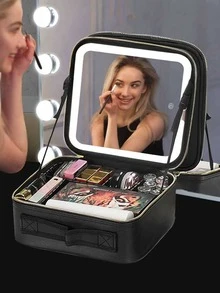 X Milania 1PC-Travel Makeup Bag With Mirror Large Capacity Cosmetic Storage Box Travel Portable Makeup Bag Case With LED Light Mirror Makeup Accessories For Travel Storage Bag,Makeup Bag,Cosmetic Bag,Vacation Organizer,Large Capacity Makeup Organizer Makeup Case, For Lipstick - Black - View 2