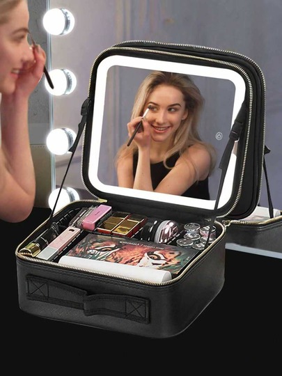 X Milania 1PC-Travel Makeup Bag With Mirror Large Capacity Cosmetic Storage Box Travel Portable Makeup Bag Case With LED Light Mirror Makeup Accessories For Travel Storage Bag,Makeup Bag,Cosmetic Bag,Vacation Organizer,Large Capacity Makeup Organizer Makeup Case, For Lipstick