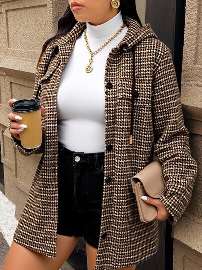 Elegante Estilo Cuadrado Negro y Blanco, Abrigo de Tejido con Cuello de Cárdigan, Detalle de Gota en Hombro y Mangas Largas, Corte Regular con Bolsillos