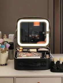 X Milania 1PC-Travel Makeup Bag With Mirror Large Capacity Cosmetic Storage Box Travel Portable Makeup Bag Case With LED Light Mirror Makeup Accessories For Travel Storage Bag,Makeup Bag,Cosmetic Bag,Vacation Organizer,Large Capacity Makeup Organizer Makeup Case, For Lipstick - Black - View 3