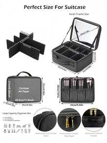 X Milania 1PC-Travel Makeup Bag With Mirror Large Capacity Cosmetic Storage Box Travel Portable Makeup Bag Case With LED Light Mirror Makeup Accessories For Travel Storage Bag,Makeup Bag,Cosmetic Bag,Vacation Organizer,Large Capacity Makeup Organizer Makeup Case, For Lipstick - Black - View 4