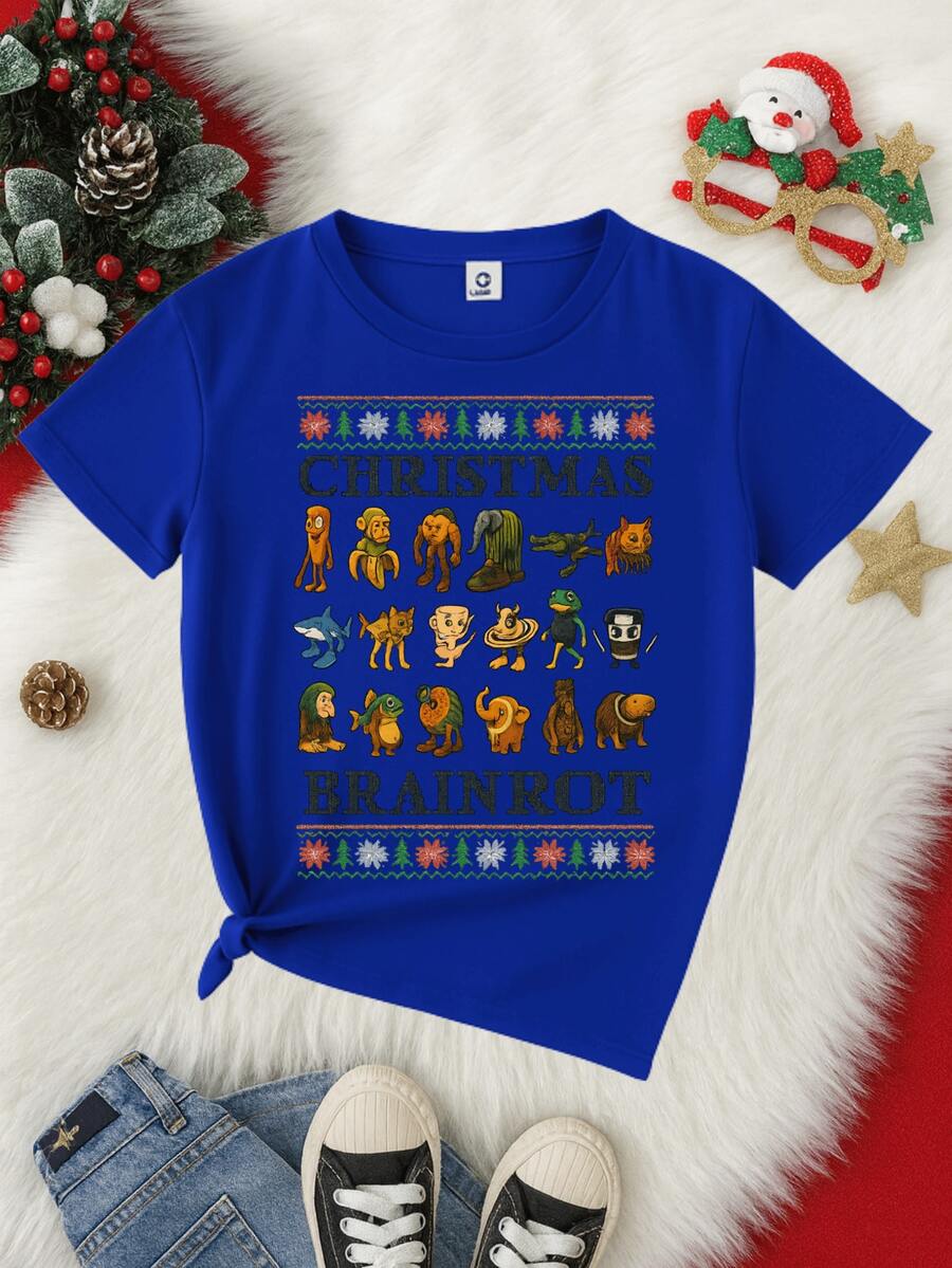 Camiseta para niños de 3 a 12 años de 100% algodón, cuello redondo y manga corta suave y Cómoda con diseño Divertido de Brainrot Navideño ideal para regalar en época de Navidad Diciembre Otoño Invierno - Azul Rey - Ver 1