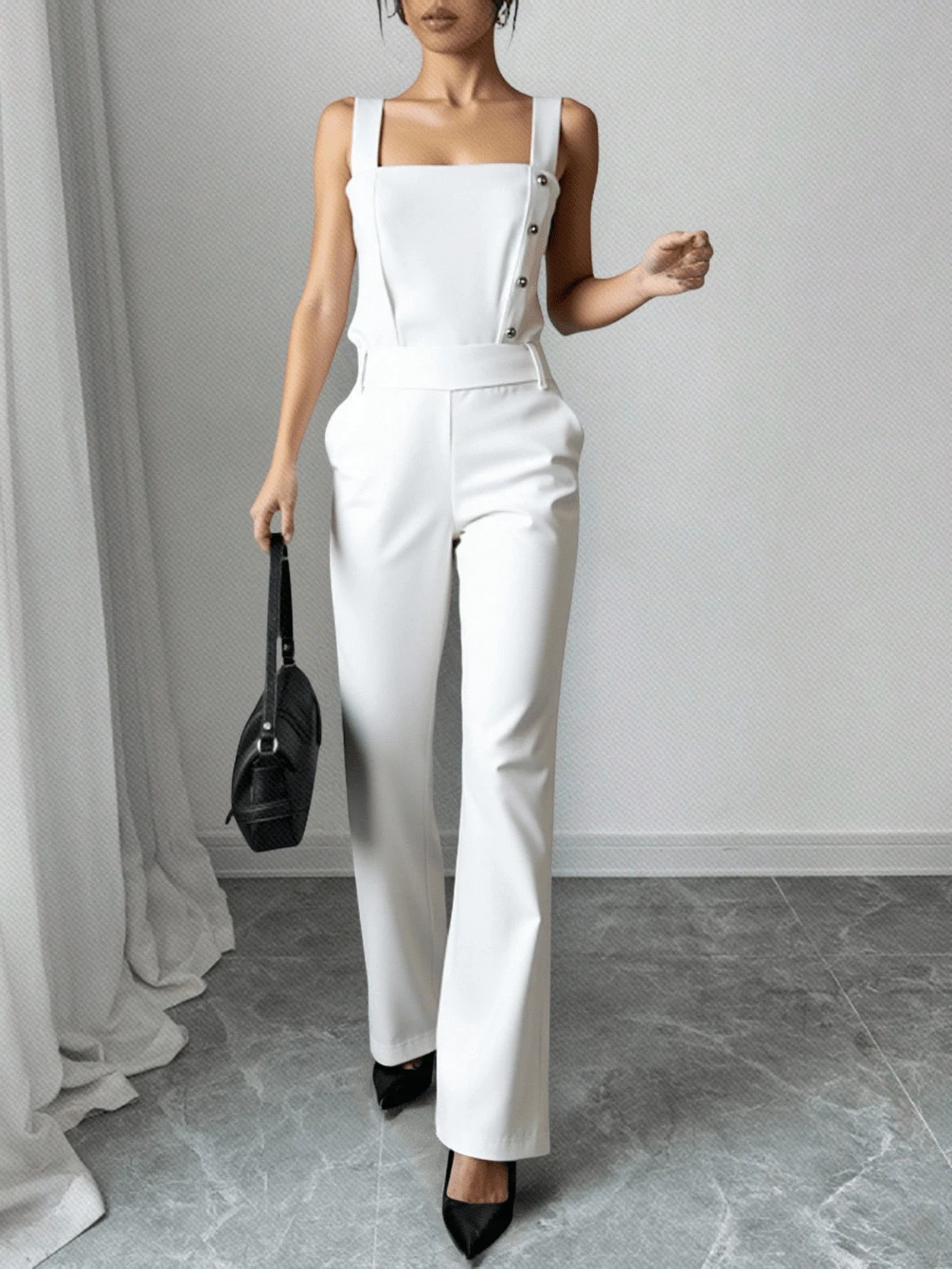 Mujer estilo elegante jumps uit tela suave liso ajuste recto cuello cuadrado tirantes largo verano oficina fiesta mono largo - Blanco - Ver 1