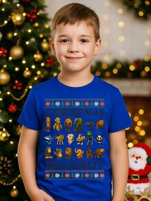 Camiseta para niños de 3 a 12 años de 100% algodón, cuello redondo y manga corta suave y Cómoda con diseño Divertido de Brainrot Navideño ideal para regalar en época de Navidad Diciembre Otoño Invierno - Azul Rey - Ver 3