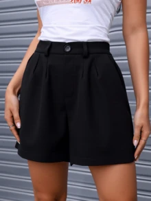 Mujer pantalones cortos casuales tela suave superficie lisa ajuste holgado cintura elástica sin bolsillos verano uso diario shorts - Negro - Ver 1