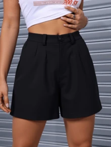 Mujer pantalones cortos casuales tela suave superficie lisa ajuste holgado cintura elástica sin bolsillos verano uso diario shorts - Negro - Ver 3